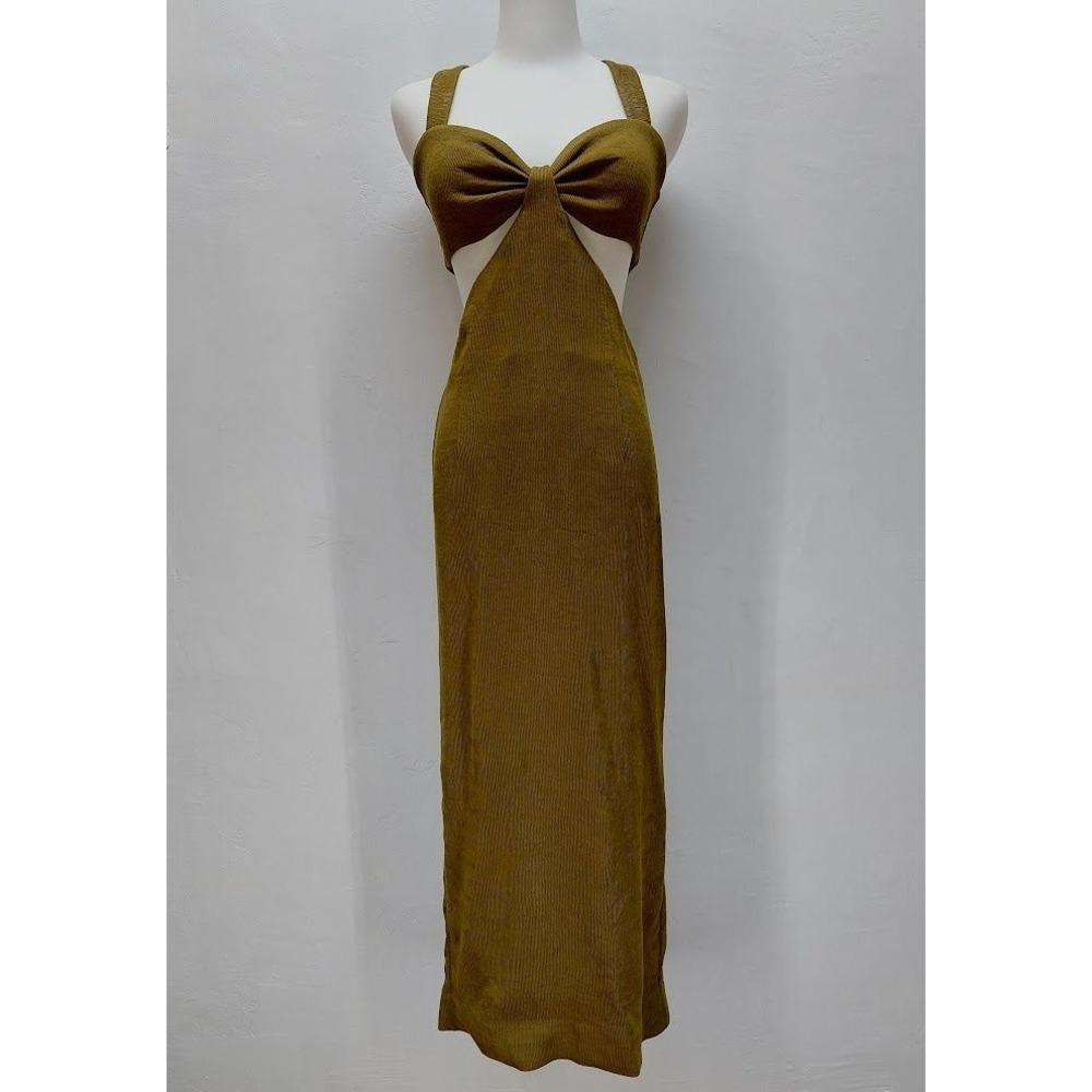 Shona Joy Maxi Dress Women's 6 Olive Green Cutout Bow Ribbed Textured Column